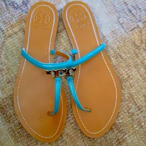 Brand new Tori Burch turquoise leather w/gold hardware t-strap sandals